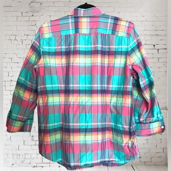 Women’s Chaps Colorful Plaid Button Up 3/4 sleeve shirt size Large - Picture 3 of 4